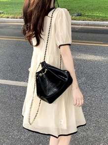 Contrast Trim Puff Sleeve Smock Dress