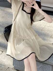 Contrast Trim Puff Sleeve Smock Dress