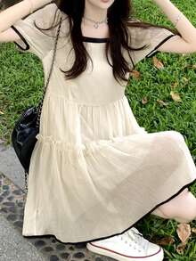 Contrast Trim Puff Sleeve Smock Dress