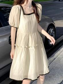 Contrast Trim Puff Sleeve Smock Dress