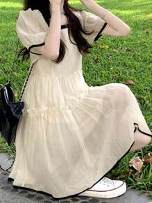 Contrast Trim Puff Sleeve Smock Dress