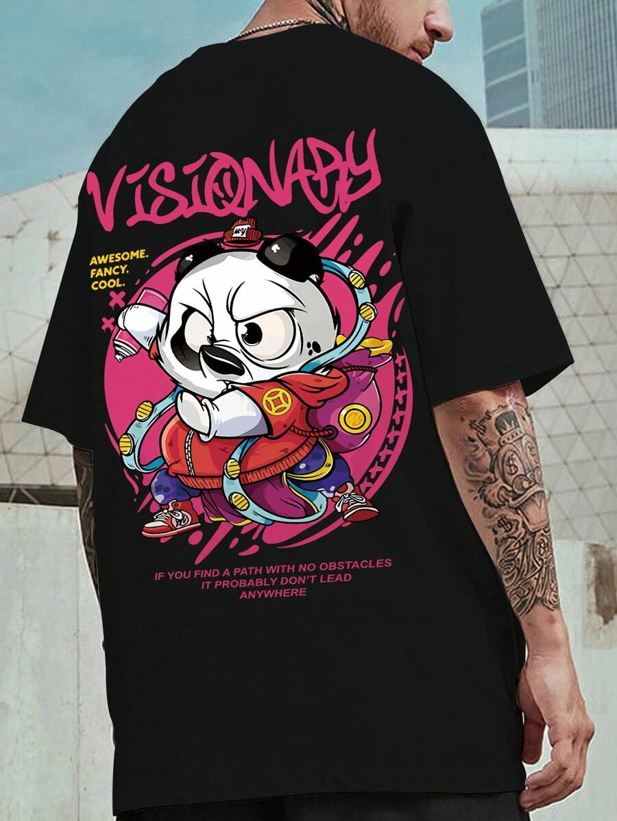 Manfinity LEGND 男士大码卡通和標語圖案T恤 - 黑色 - 查看 1