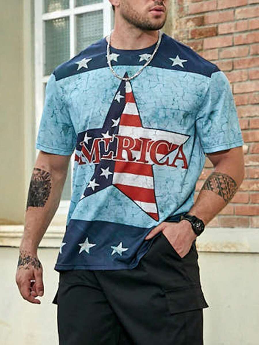 Manfinity LEGND 男士大码星星&字母圖案T恤 - 藍色 - 查看 1