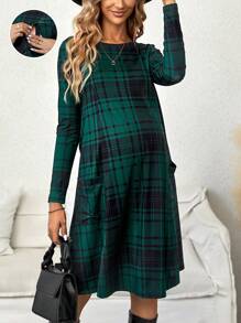 SHEIN Maternity Plaid Print Pocket Patched Nursing Dress