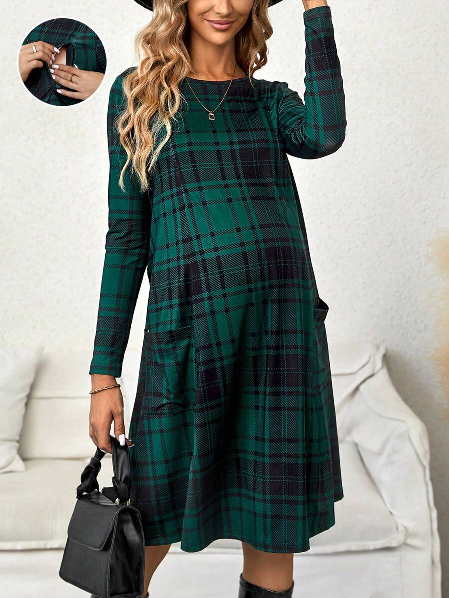 SHEIN Maternity Plaid Print Pocket Patched Nursing Dress