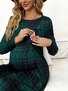 SHEIN Maternity Plaid Print Pocket Patched Nursing Dress