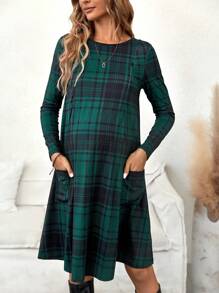 SHEIN Maternity Plaid Print Pocket Patched Nursing Dress