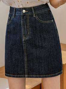 DAZY 高腰斜口袋牛仔裙牛仔裙 - 深色水洗藍 - 查看 1