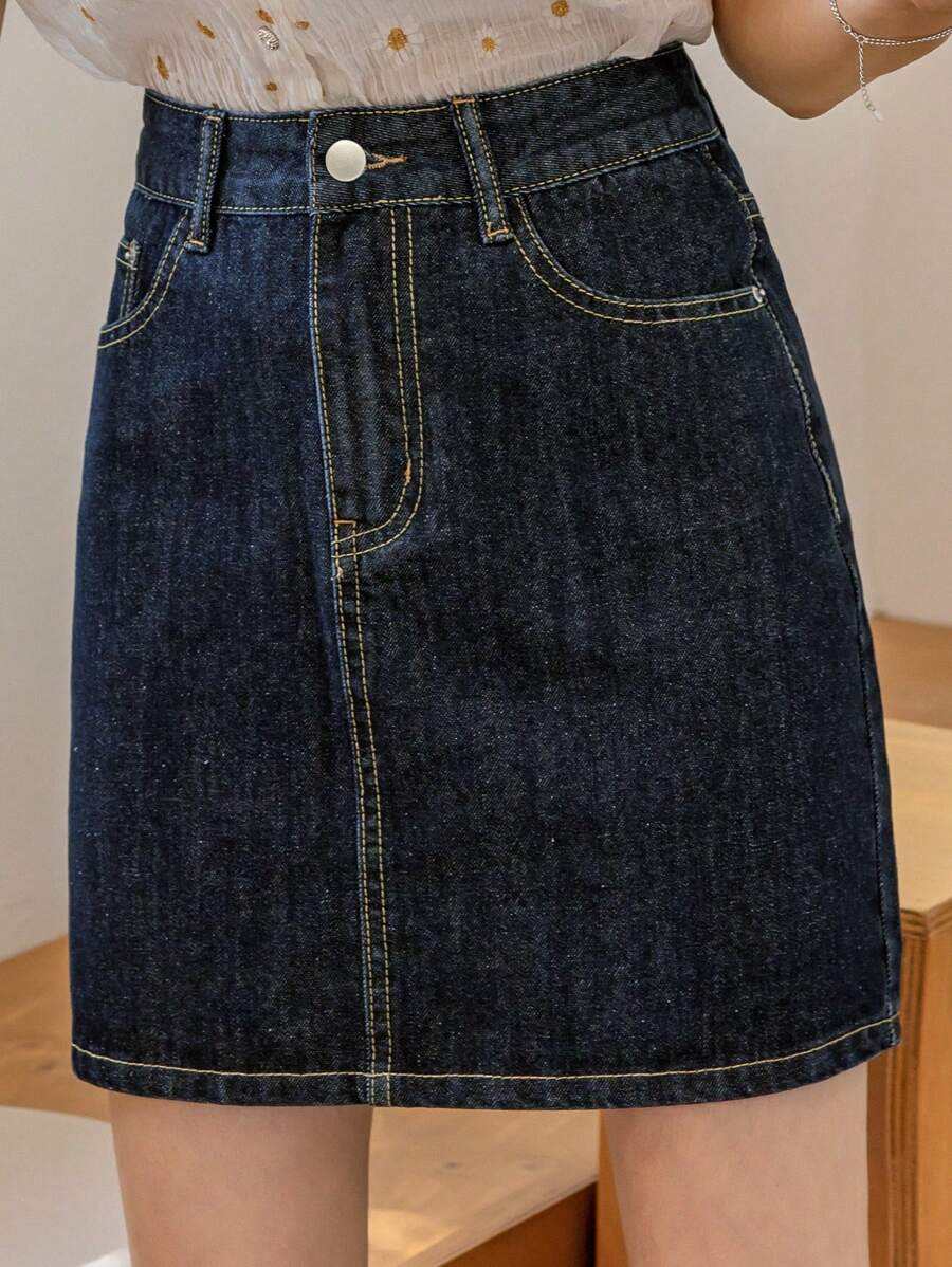 DAZY 高腰斜口袋牛仔裙牛仔裙 - 深色水洗藍 - 查看 1