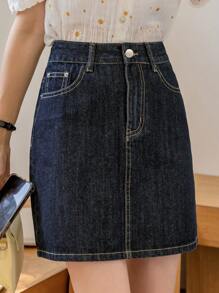 DAZY 高腰斜口袋牛仔裙牛仔裙 - 深色水洗藍 - 查看 3