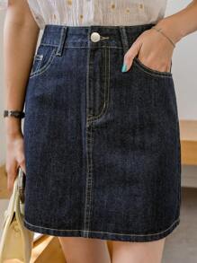 DAZY 高腰斜口袋牛仔裙牛仔裙 - 深色水洗藍 - 查看 5