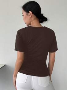 DAZY Solid Cross Wrap Asymmetrical Hem Tee - Chocolate Brown - View 2