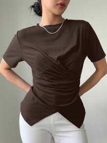 DAZY Solid Cross Wrap Asymmetrical Hem Tee - Chocolate Brown - View 3