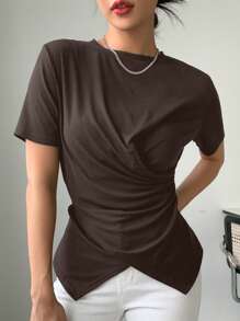 DAZY Solid Cross Wrap Asymmetrical Hem Tee - Chocolate Brown - View 4