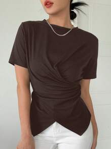 DAZY Solid Cross Wrap Asymmetrical Hem Tee - Chocolate Brown - View 5