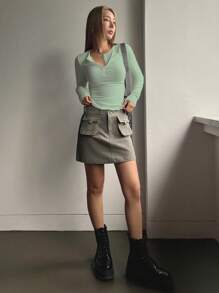 DAZY Half Button Ribbed Knit Tee,Fall Clothes,Back To School Clothes Long Sleeve Women Tops - Green - View 5