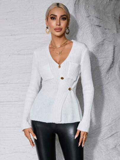 SHEIN Privé Button Detail V Neck Sweater
