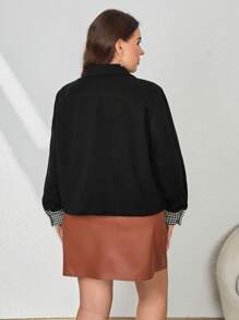 SHEIN LUNE Plus Houndstooth Print Pocket Patched Overcoat - Black - View 2