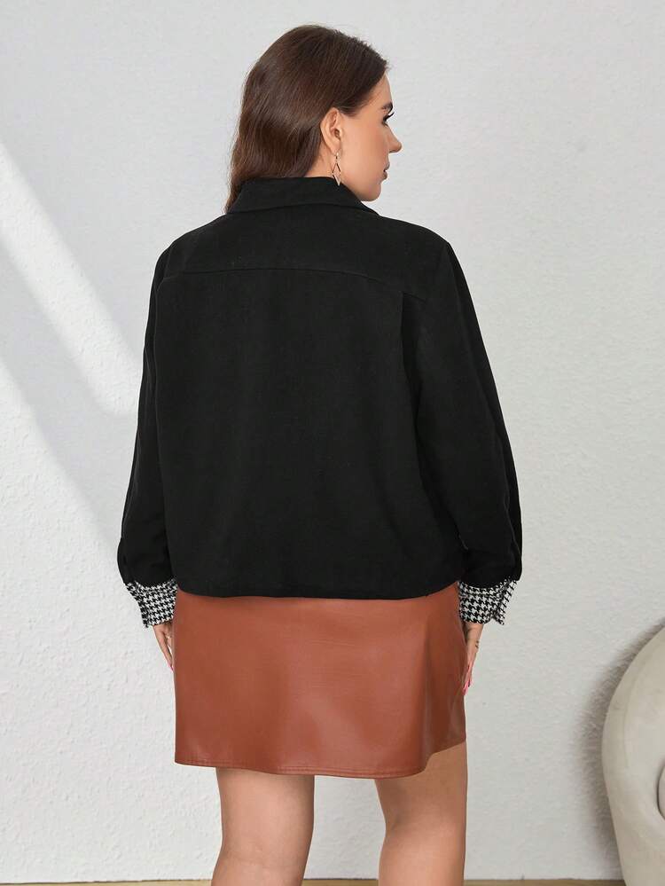 Plus Houndstooth Print Pocket Patched Overcoat