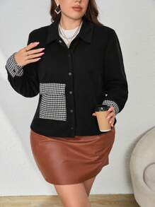 SHEIN LUNE Plus Houndstooth Print Pocket Patched Overcoat - Black - View 1
