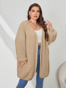 SHEIN Essnce Plus Drop Shoulder Cardigan In Fall/Winter - Khaki - View 3