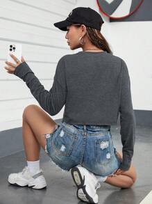 INAWLY Solid Drop Shoulder Crop Tee