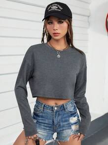 INAWLY Solid Drop Shoulder Crop Tee