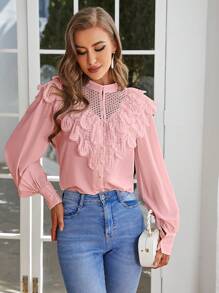 Simplee 水溶蕾絲拼接燈籠袖襯衫 - 粉色 - 查看 1