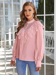 Simplee 水溶蕾絲拼接燈籠袖襯衫 - 粉色 - 查看 3