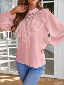Simplee 水溶蕾絲拼接燈籠袖襯衫 - 粉色 - 查看 4