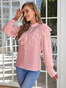Simplee 水溶蕾絲拼接燈籠袖襯衫 - 粉色 - 查看 5