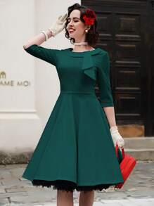 MUXXN Vestido unicolor con lazo delantero - Verde Oscuro - Ver 2