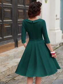 MUXXN Vestido unicolor con lazo delantero - Verde Oscuro - Ver 3