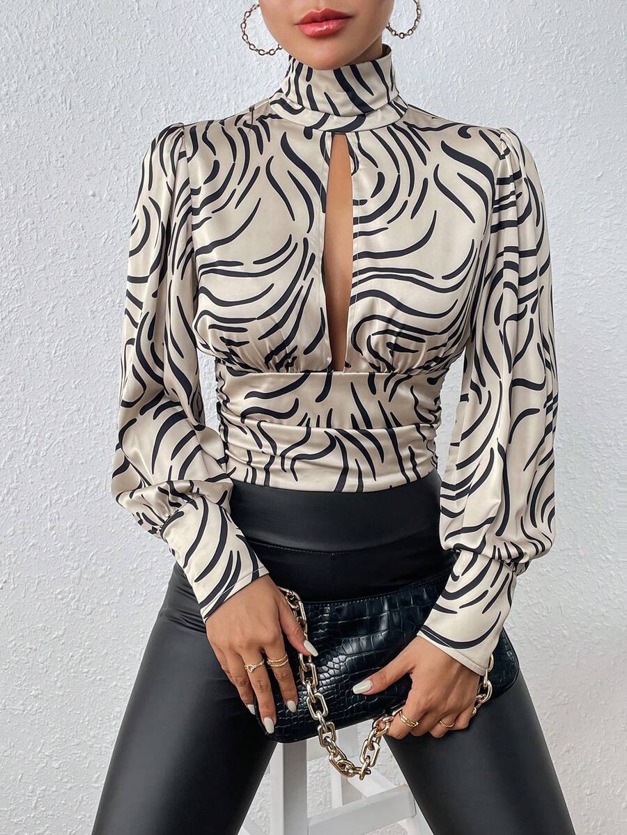 滿版印花前鏤空褶邊襯衫 - 彩色 - 查看 1