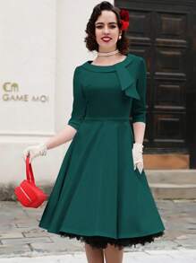 MUXXN Vestido unicolor con lazo delantero - Verde Oscuro - Ver 4