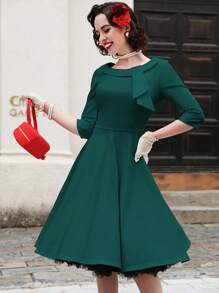 MUXXN Vestido unicolor con lazo delantero - Verde Oscuro - Ver 5