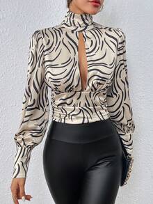 滿版印花前鏤空褶邊襯衫 - 彩色 - 查看 6