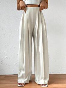 Cao eo Chi tiết nếp Quần ống rộng - trắng - Xem 7