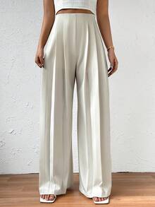 Cao eo Chi tiết nếp Quần ống rộng - trắng - Xem 8