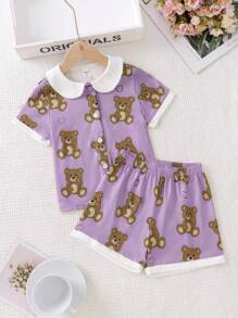 Young Girl Bear Print Contrast Collar PJ Set - Purple - View 1