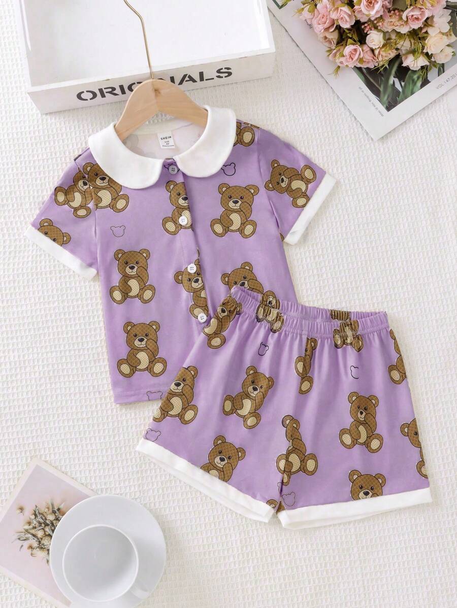Young Girl Bear Print Contrast Collar PJ Set - Purple - View 1