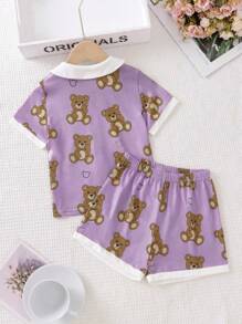 Young Girl Bear Print Contrast Collar PJ Set - Purple - View 2