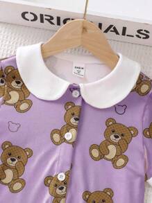 Young Girl Bear Print Contrast Collar PJ Set - Purple - View 3
