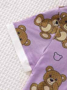 Young Girl Bear Print Contrast Collar PJ Set - Purple - View 4