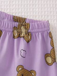 Young Girl Bear Print Contrast Collar PJ Set - Purple - View 5