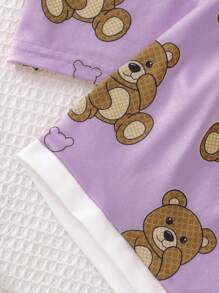 Young Girl Bear Print Contrast Collar PJ Set - Purple - View 6