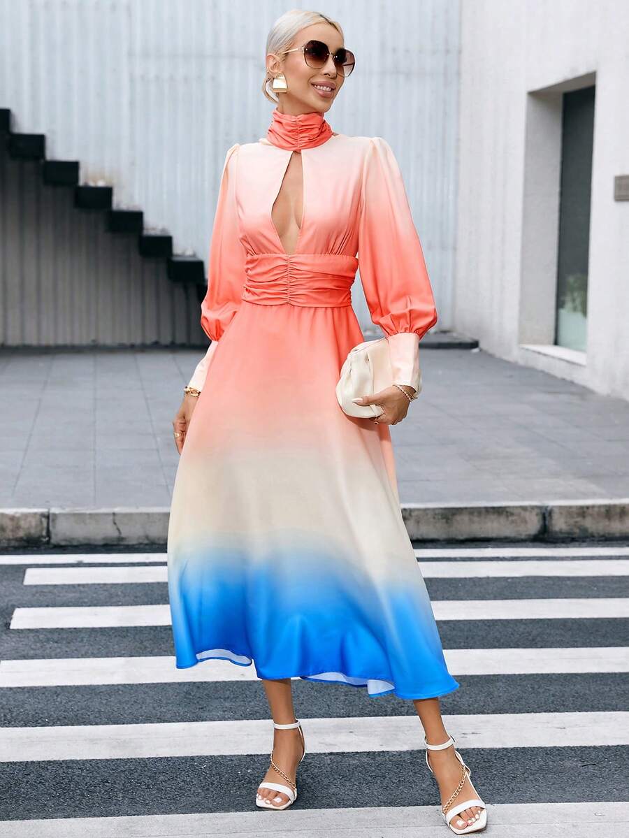 SHEIN Privé Ombre Cut Out Front Ruched Waist Dress - Multicolor - View 1