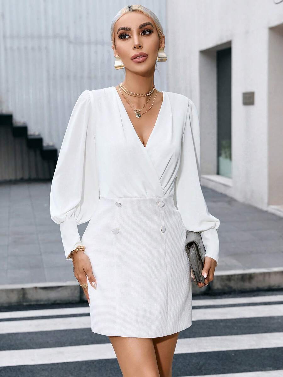 SHEIN Privé 交疊領燈籠袖雙排釦洋裝 - 白色 - 查看 1