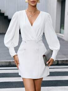 SHEIN Privé 交疊領燈籠袖雙排釦洋裝 - 白色 - 查看 3