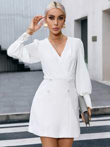 SHEIN Privé 交疊領燈籠袖雙排釦洋裝 - 白色 - 查看 5